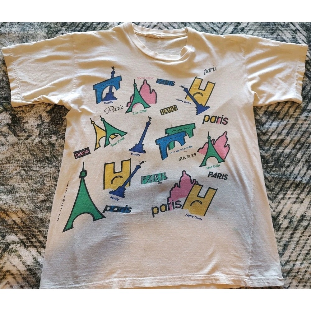 Vintage Paris France Tourist T-shirt with Colorful Graphic Prints Worn Comfy